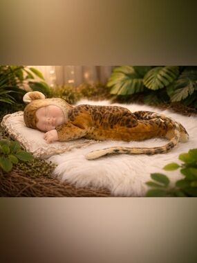Vintage Anne Geddes Baby Doll Leopard Costume Sleeping Doll Plush Outfit